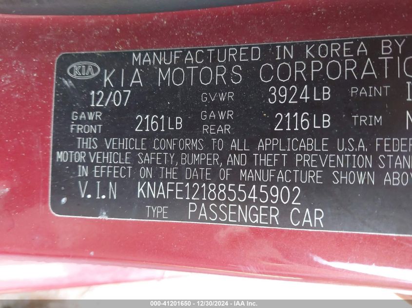 2008 Kia Spectra VIN: KNAFE21885545902 Lot: 41201650