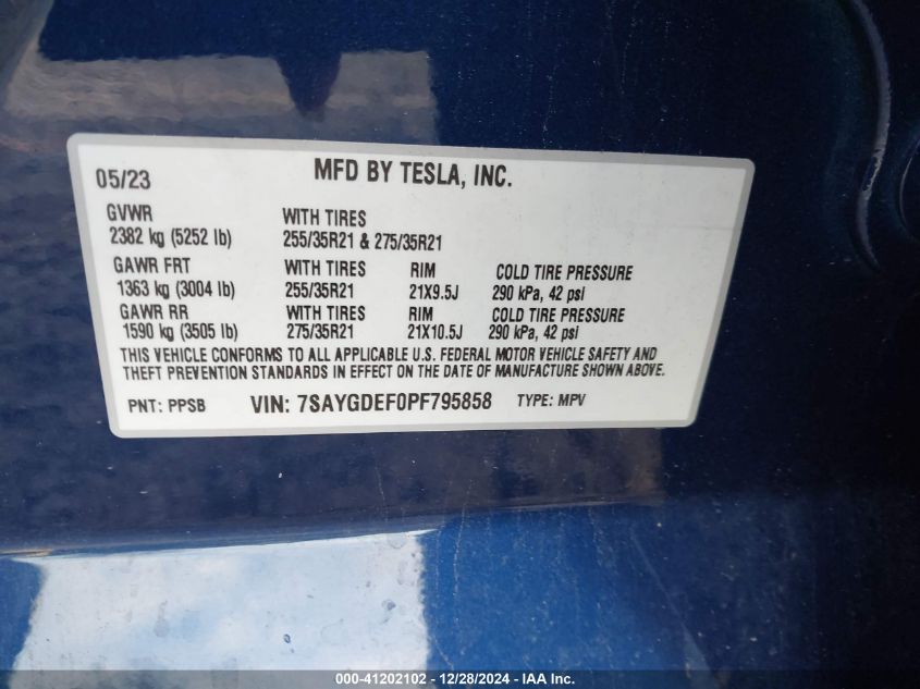 2023 Tesla Model Y Performance Dual Motor All-Wheel Drive VIN: 7SAYGDEF0PF795858 Lot: 41202102