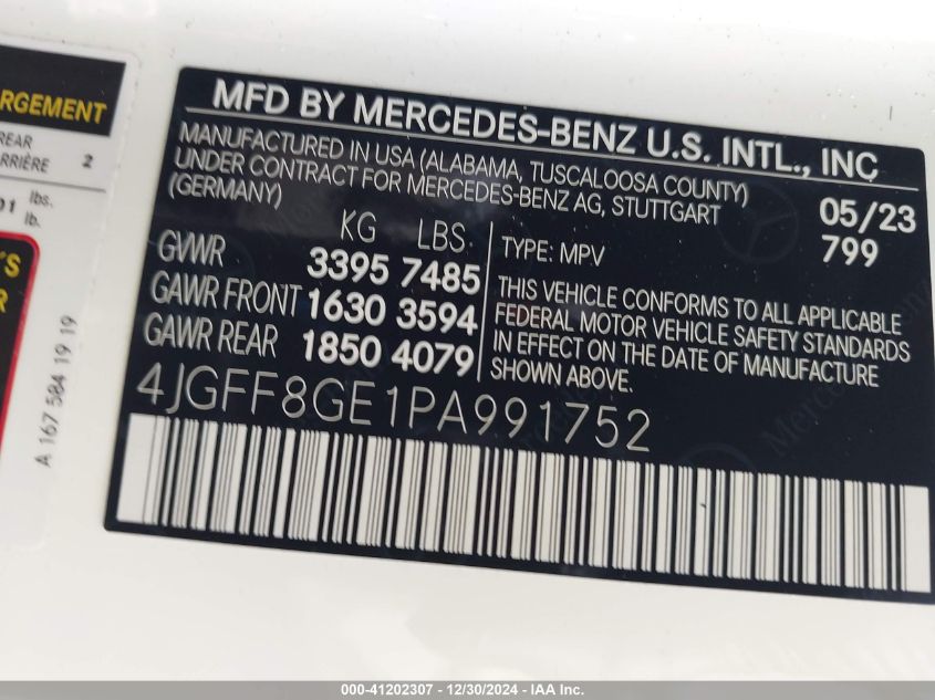 2023 Mercedes-Benz Gls 4Matic VIN: 4JGFF8GE1PA991752 Lot: 41202307