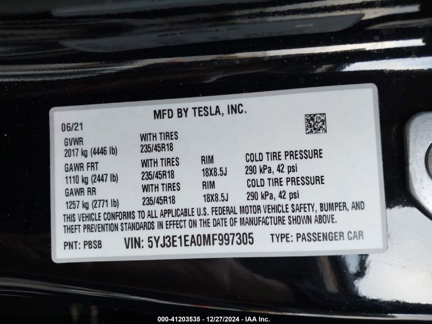 2021 Tesla Model 3 Standard Range Plus Rear-Wheel Drive VIN: 5YJ3E1EA0MF997305 Lot: 41203535