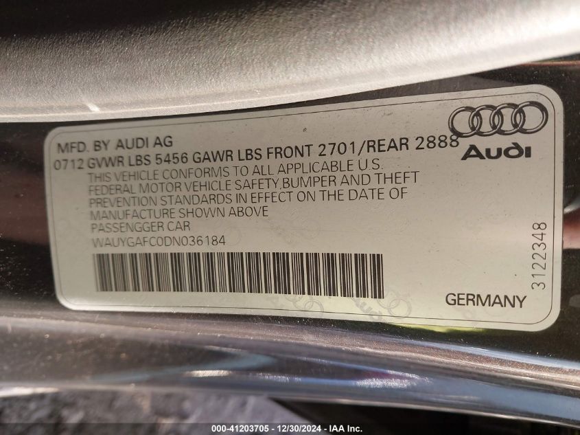 2013 Audi A7 3.0T Premium VIN: WAUYGAFC0DN036184 Lot: 41203705