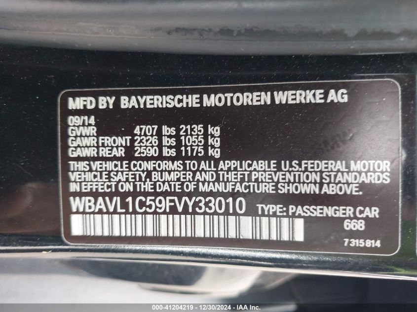 2015 BMW X1 xDrive28I VIN: WBAVL1C59FVY33010 Lot: 41204219