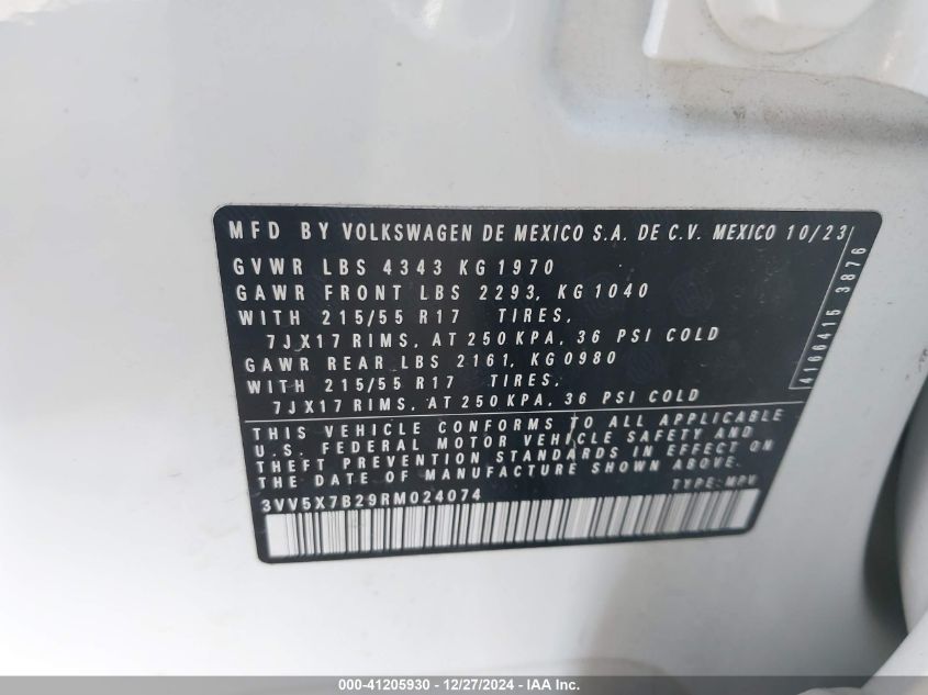 2024 Volkswagen Taos 1.5T S VIN: 3VV5X7B29RM024074 Lot: 41205930