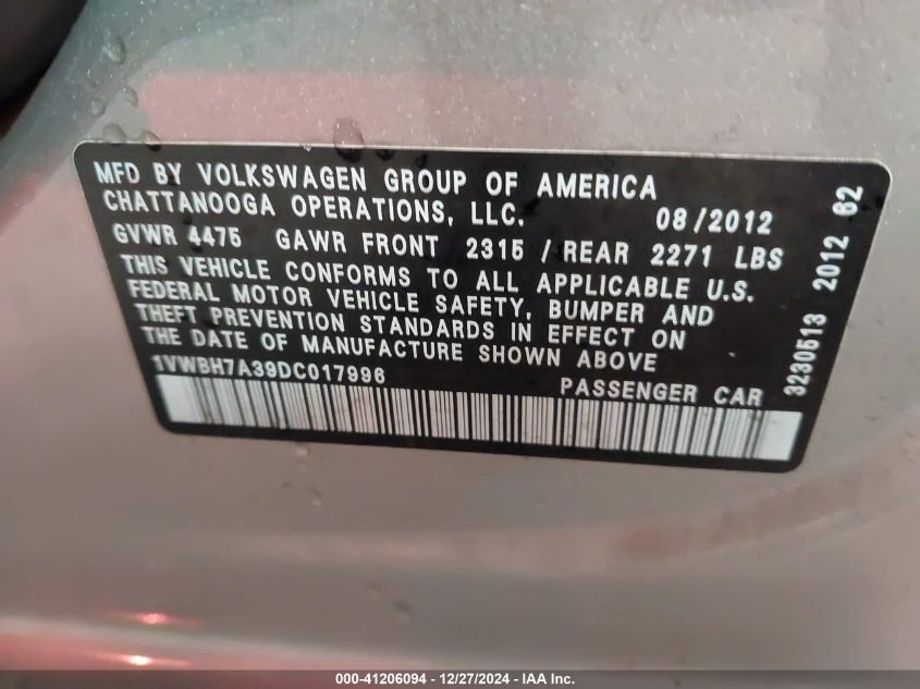 2013 Volkswagen Passat 2.5L Se VIN: 1VWBH7A39DC017996 Lot: 41206094