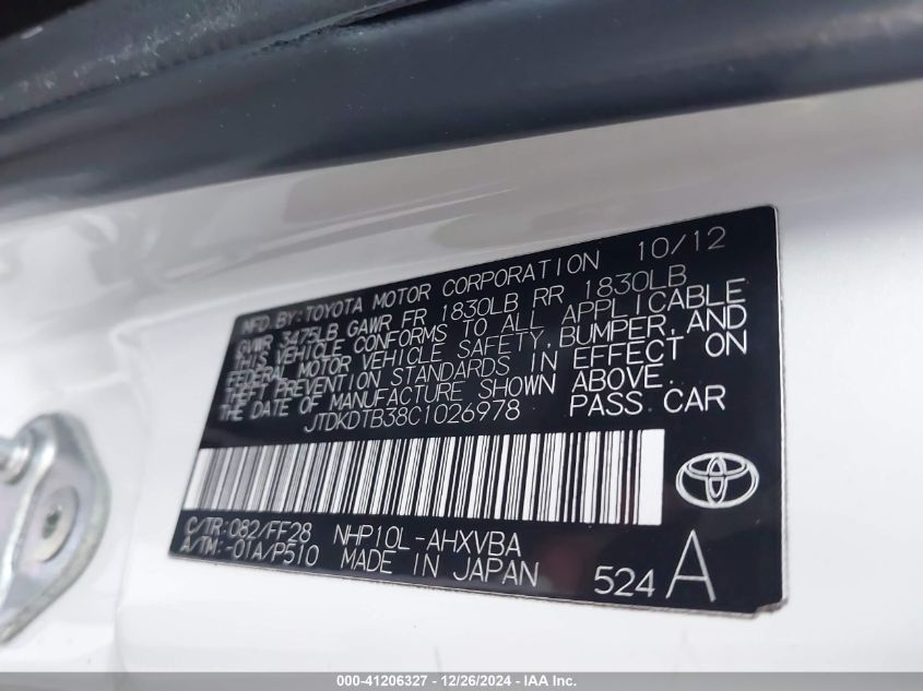 2012 Toyota Prius C Two VIN: JTDKDTB38C1026978 Lot: 41206327