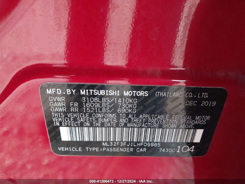 2020 Mitsubishi Mirage G4 Es VIN: ML32F3FJ1LHF05985 Lot: 41206473