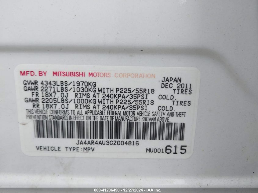 2012 Mitsubishi Outlander Sport Se VIN: JA4AR4AU3CZ004816 Lot: 41206490