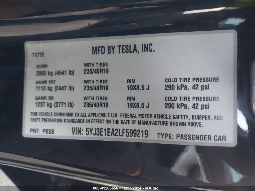 2020 Tesla Model 3 Standard Range Plus Rear-Wheel Drive/Standard Range Rear-Wheel Drive VIN: 5YJ3E1EA2LF599219 Lot: 41206656