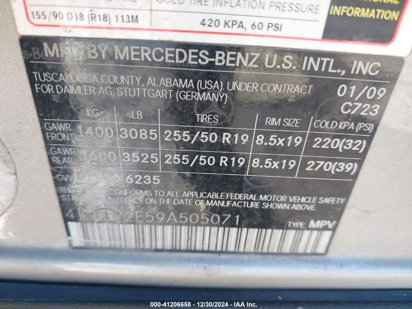 2009 Mercedes-Benz Ml 550 4Matic VIN: 4JGBB72E59A505071 Lot: 41206658