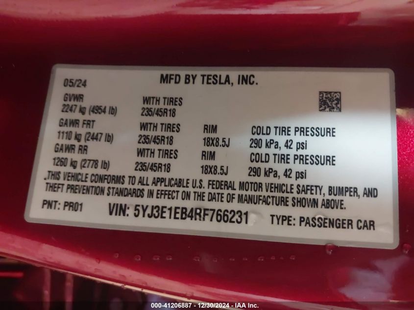 2024 Tesla Model 3 Long Range Dual Motor All-Wheel Drive VIN: 5YJ3E1EB4RF766231 Lot: 41206887