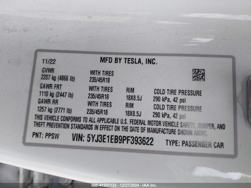 2023 Tesla Model 3 Long Range Dual Motor All-Wheel Drive VIN: 5YJ3E1EB9PF393622 Lot: 41207132