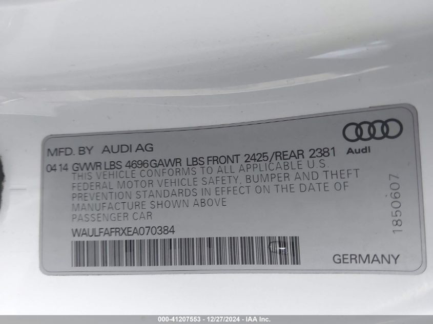 2014 Audi A5 2.0T Premium VIN: WAULFAFRXEA070384 Lot: 41207553