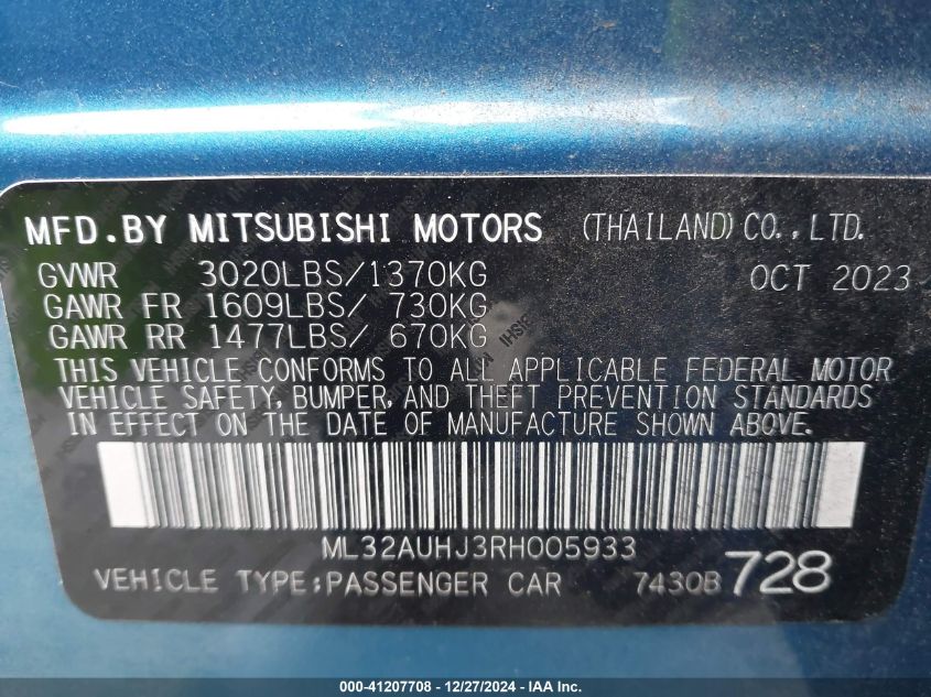 2024 Mitsubishi Mirage Es/Le VIN: ML32AUHJ3RH005933 Lot: 41207708