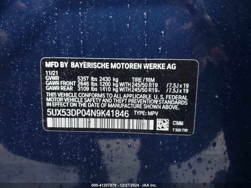 2022 BMW X3 xDrive30I VIN: 5UX53DP04N9K41846 Lot: 41207879