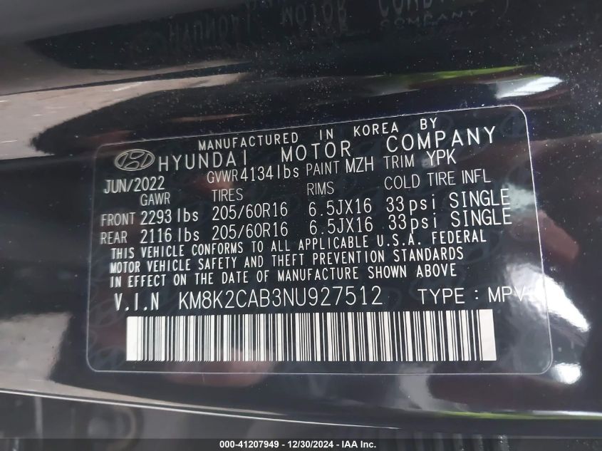 2022 Hyundai Kona Se VIN: KM8K2CAB3NU927512 Lot: 41207949