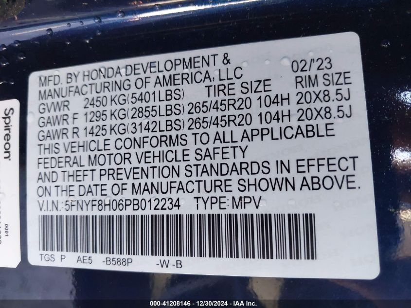 2023 Honda Passport Elite VIN: 5FNYF8H06PB012234 Lot: 41208146