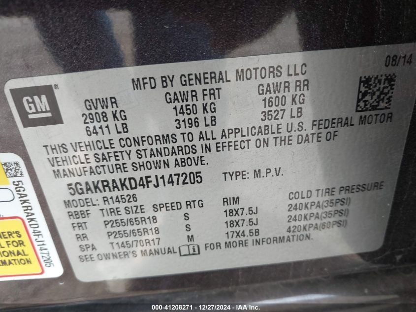 2015 Buick Enclave Convenience VIN: 5GAKRAKD4FJ147205 Lot: 41208271