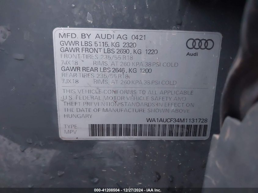 2021 Audi Q3 Premium 40 VIN: WA1AUCF34M1131728 Lot: 41208504