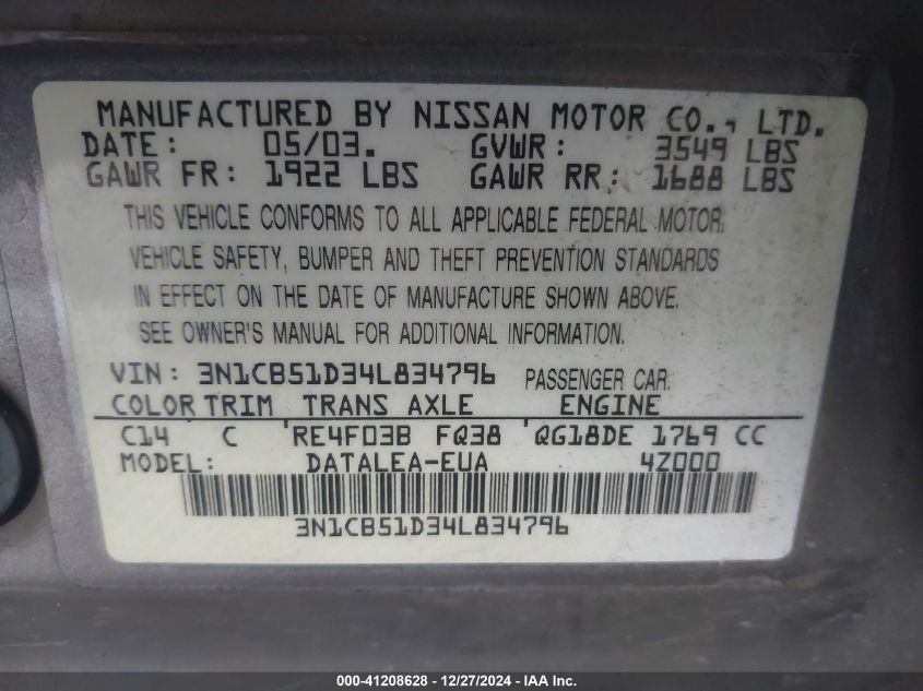 2004 Nissan Sentra 1.8S VIN: 3N1CB51D34L834796 Lot: 41208628