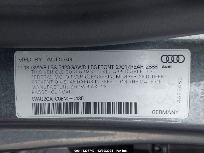 2014 Audi A7 Prestige VIN: WAU2GAFC0EN080435 Lot: 41208743