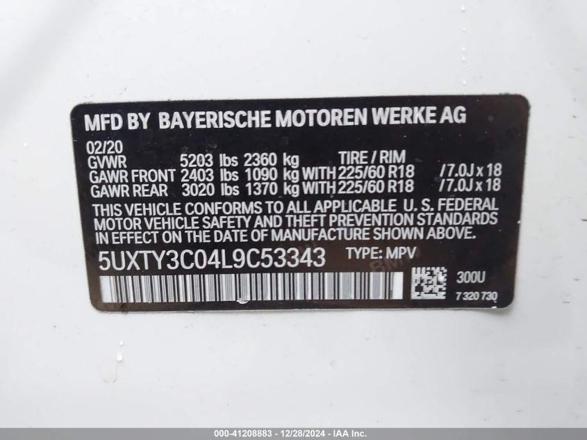 2020 BMW X3 Sdrive30I VIN: 5UXTY3C04L9C53343 Lot: 41208883