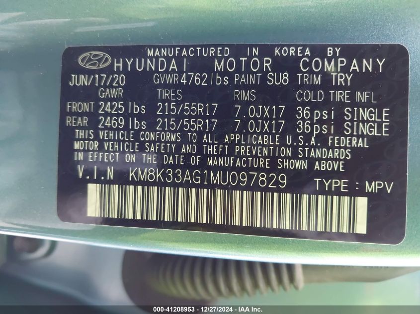 2021 Hyundai Kona Electric Limited VIN: KM8K33AG1MU097829 Lot: 41208953