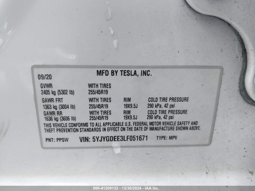 2020 Tesla Model Y Long Range Dual Motor All-Wheel Drive VIN: 5YJYGDEE3LF051671 Lot: 41209132