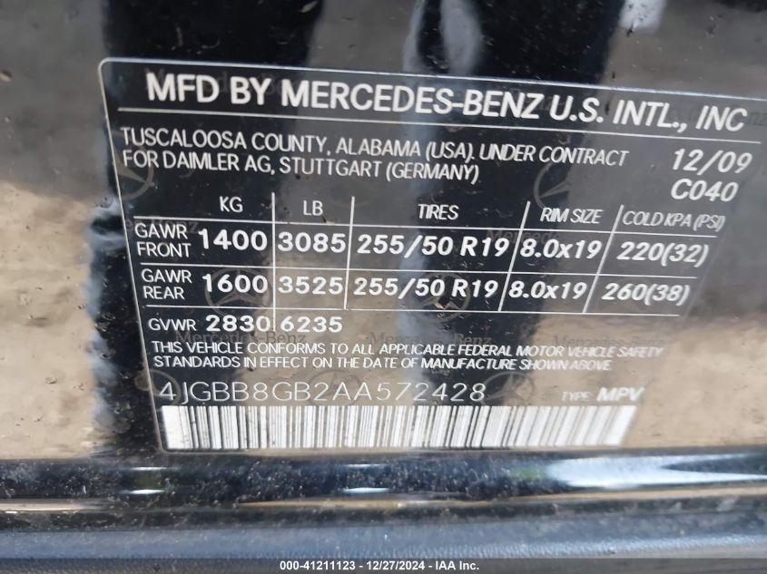 2010 Mercedes-Benz Ml 350 4Matic VIN: 4JGBB8GB2AA572428 Lot: 41211123