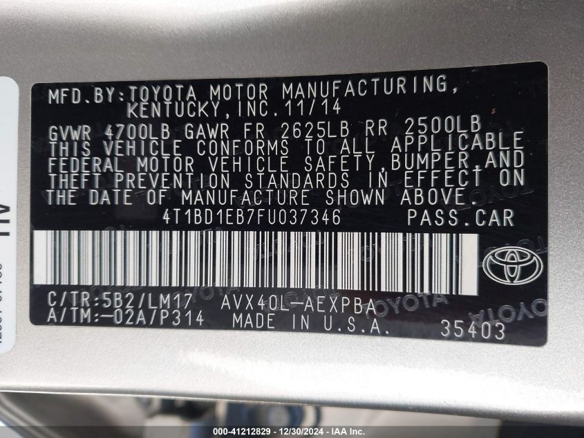 2015 Toyota Avalon Hybrid/Prem/Tour/Ltd VIN: 4T1BD1EB7FU037346 Lot: 41212829