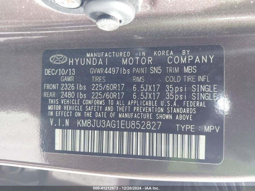 2014 Hyundai Tucson Se VIN: KM8JU3AG1EU852827 Lot: 41212973