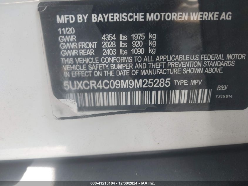 2022 BMW X5 Sdrive40I VIN: 5UXCR4C07N9M25285 Lot: 41213104