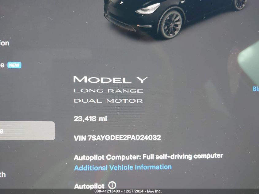 2023 Tesla Model Y Awd/Long Range Dual Motor All-Wheel Drive VIN: 7SAYGDEE2PA024032 Lot: 41213403