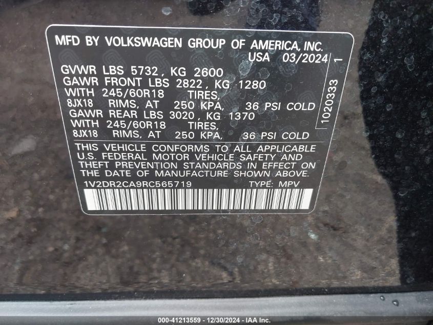 2024 Volkswagen Atlas 2.0T Se VIN: 1V2DR2CA9RC565719 Lot: 41213559