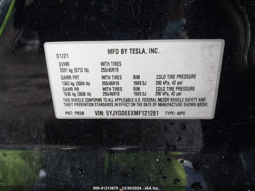 2021 Tesla Model Y VIN: 5YJYGDEEXMF121281 Lot: 41213670