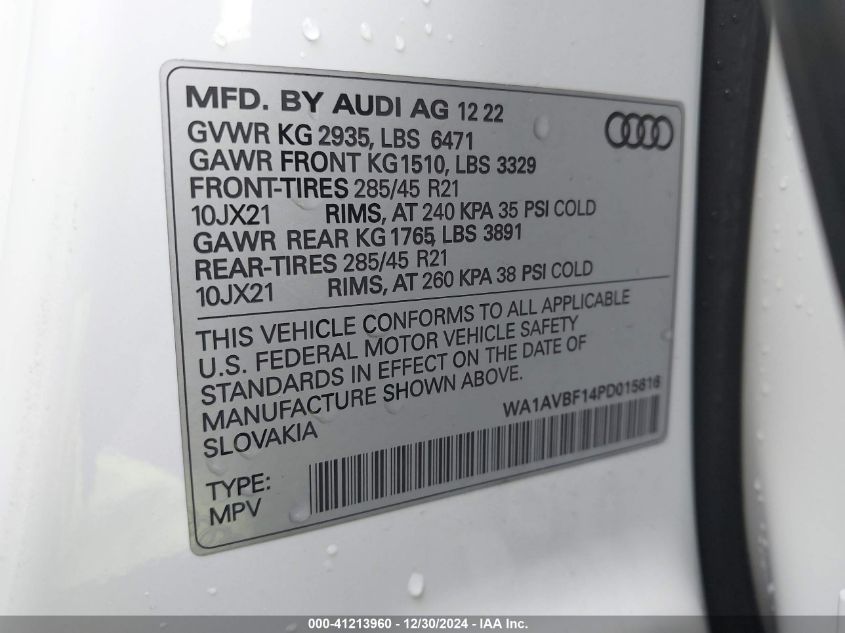 2023 Audi Q8 Premium 55 Tfsi Quattro Tiptronic VIN: WA1AVBF14PD015616 Lot: 41213960