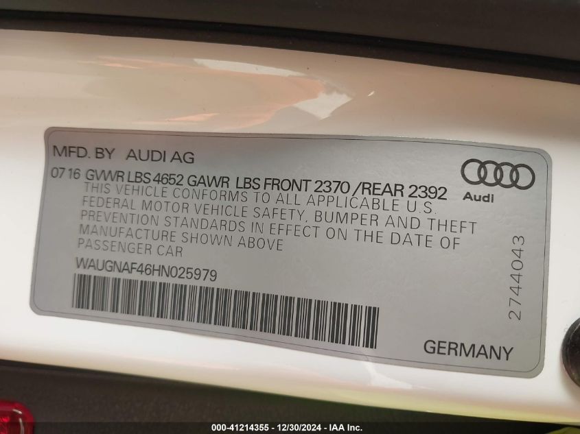 2017 Audi A4 2.0T Premium VIN: WAUGNAF46HN025979 Lot: 41214355