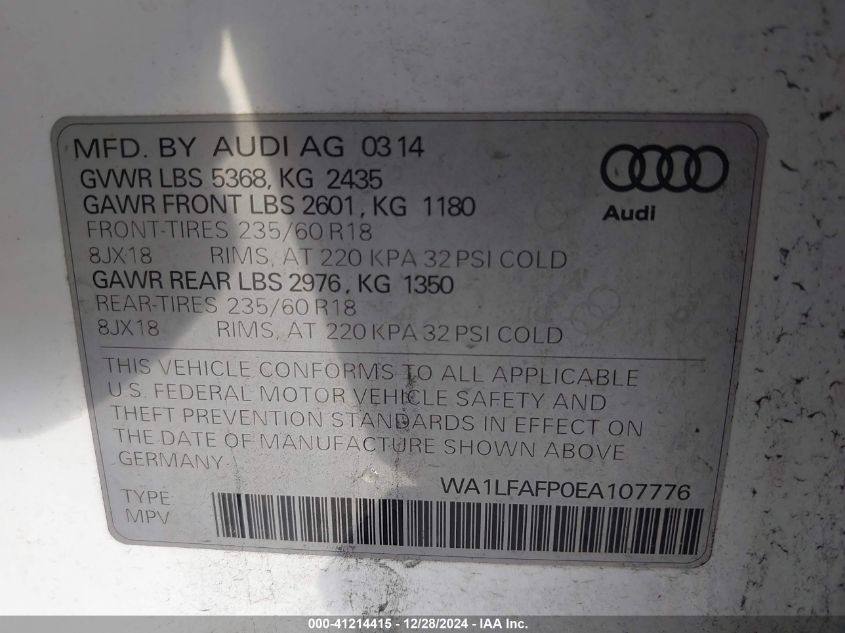 2014 Audi Q5 2.0T Premium VIN: WA1LFAFP0EA107776 Lot: 41214415