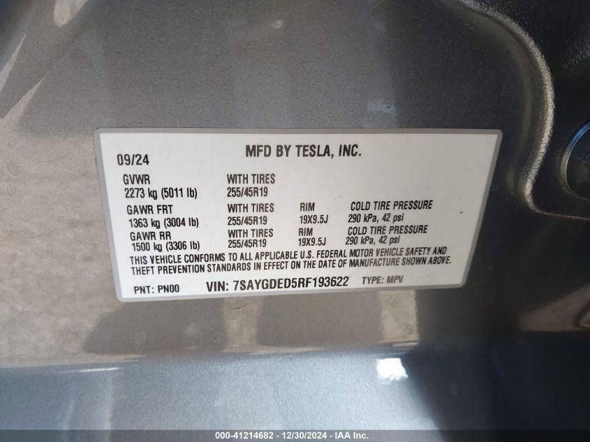 2024 Tesla Model Y Long Range Dual Motor All-Wheel Drive/Rwd VIN: 7SAYGDED5RF193622 Lot: 41214682