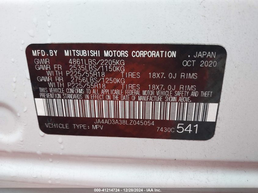 2020 Mitsubishi Outlander Se 2.4 VIN: JA4AD3A38LZ045054 Lot: 41214724