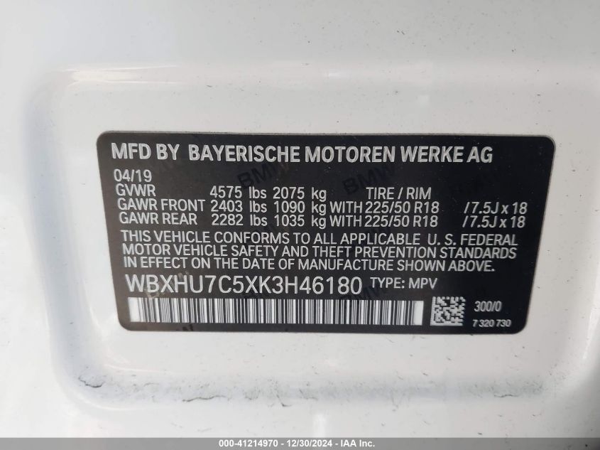 2019 BMW X1 Sdrive28I VIN: WBXHU7C5XK3H46180 Lot: 41214970