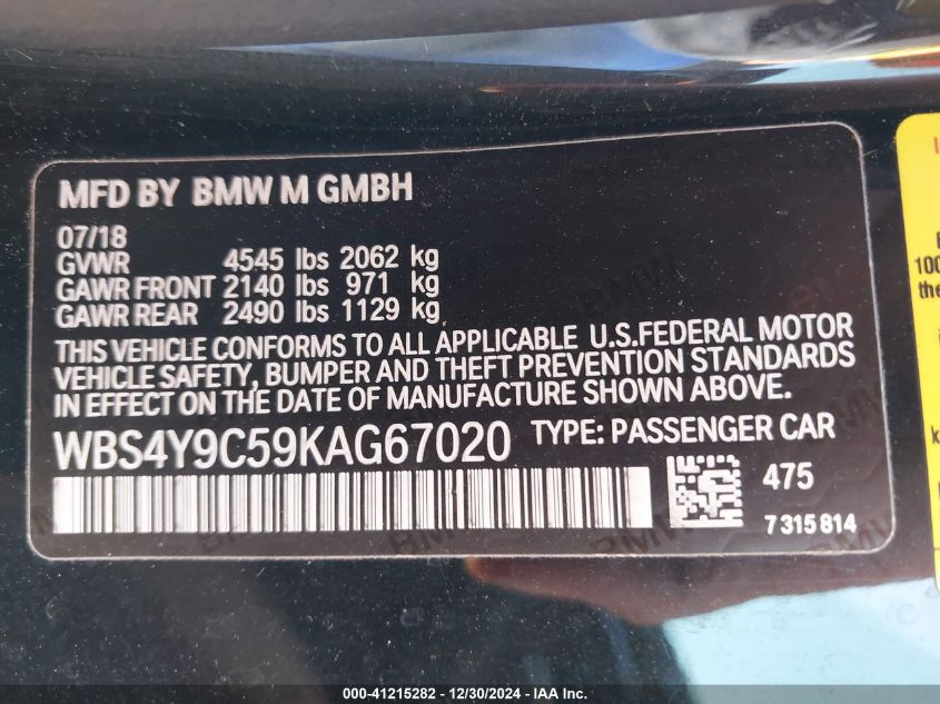 2019 BMW M4 VIN: WBS4Y9C59KAG67020 Lot: 41215282