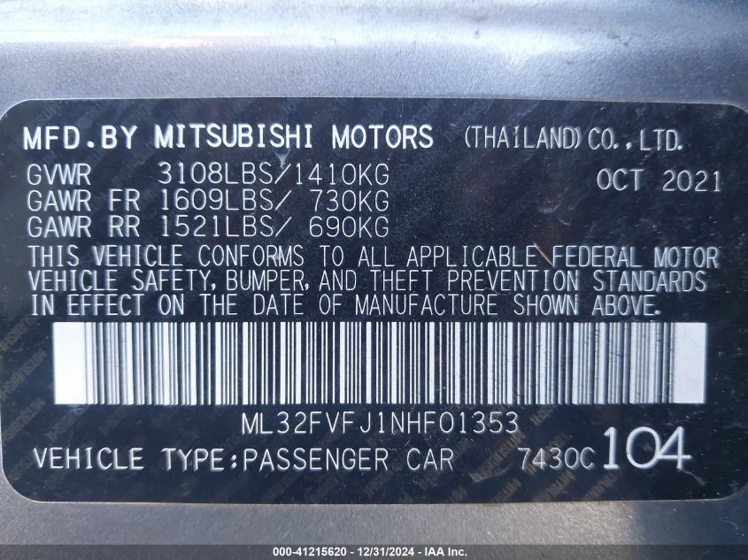 2022 Mitsubishi Mirage G4 Se VIN: ML32FVFJ1NHF01353 Lot: 41215620