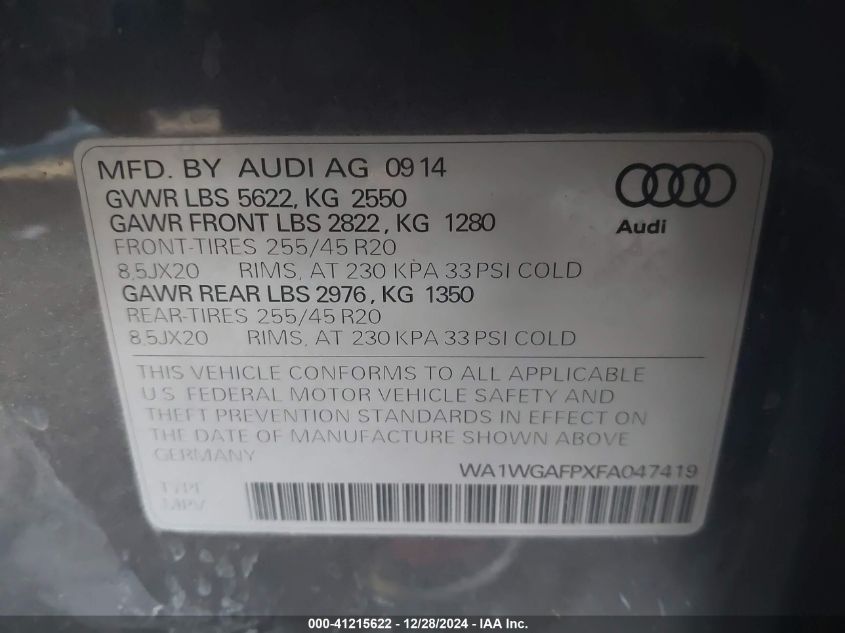 2015 Audi Q5 3.0T Premium Plus VIN: WA1WGAFPXFA047419 Lot: 41215622