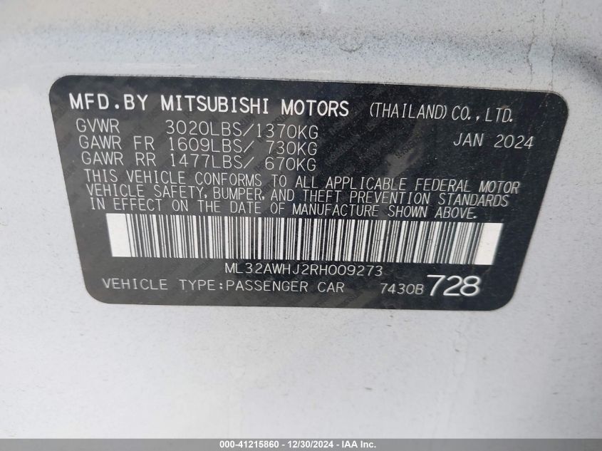 2024 Mitsubishi Mirage Black Edition VIN: ML32AWHJ2RH009273 Lot: 41215860