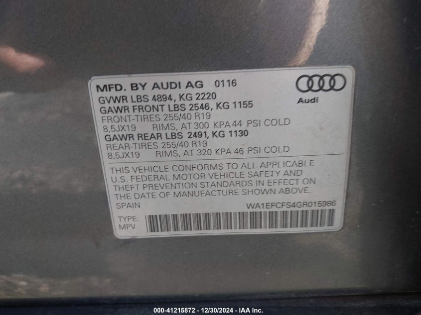 2016 Audi Q3 Premium Plus VIN: WA1EFCFS4GR015986 Lot: 41215872