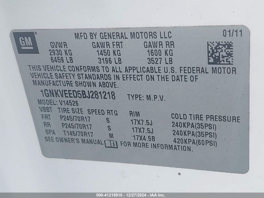 2011 Chevrolet Traverse Ls VIN: 1GNKVEED5BJ281218 Lot: 41215910