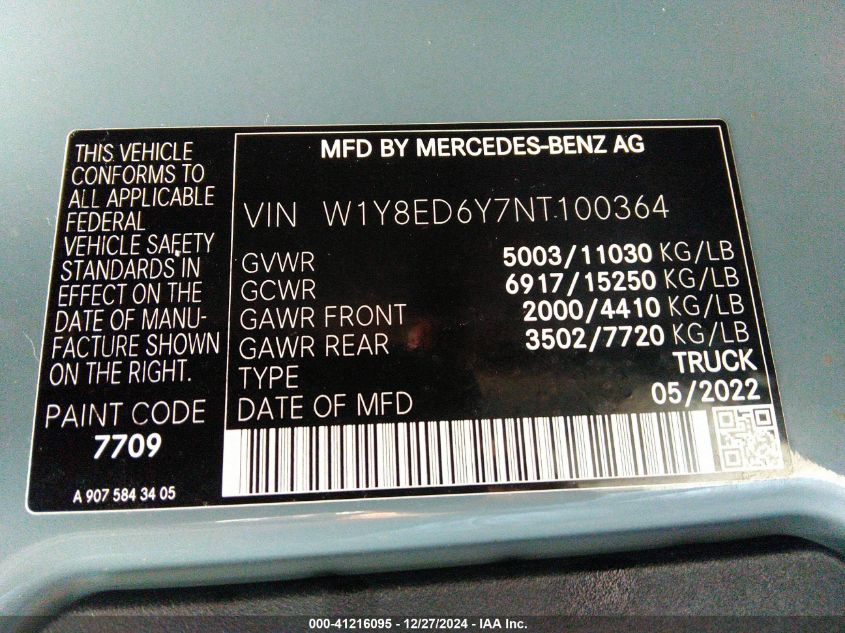 2022 Mercedes-Benz Sprinter 3500 VIN: W1Y8ED6Y7NT100364 Lot: 41216095