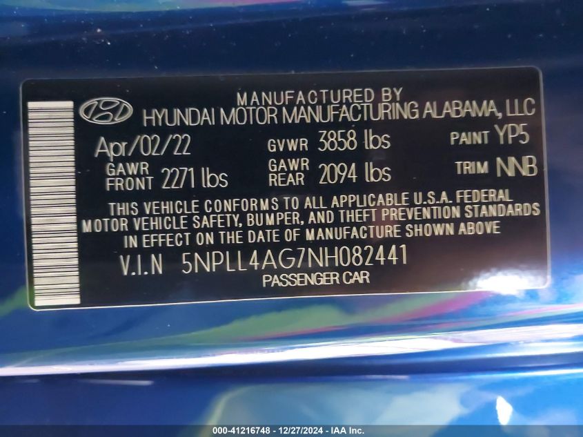 2022 Hyundai Elantra Se VIN: 5NPLL4AG7NH082441 Lot: 41216748