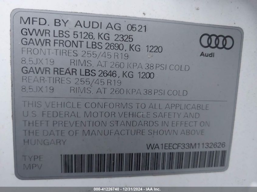 2021 Audi Q3 Premium Plus 45 Tfsi S Line Quattro Tiptronic VIN: WA1EECF33M1132626 Lot: 41226740