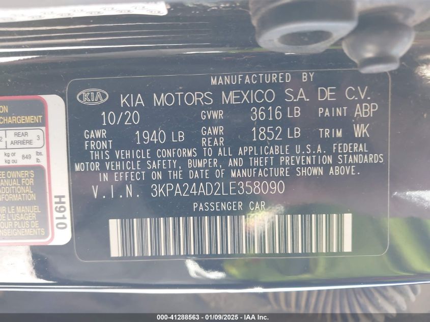 2020 Kia Rio Lx VIN: 3KPA24AD2LE358090 Lot: 41288563